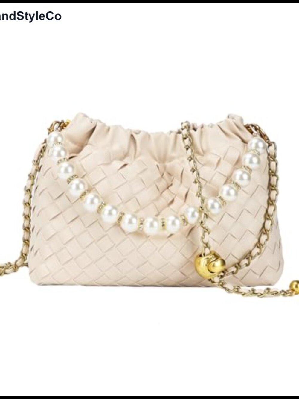 Woven PU Leather Dumpling Clutch Evening Bag with Pearl Chain